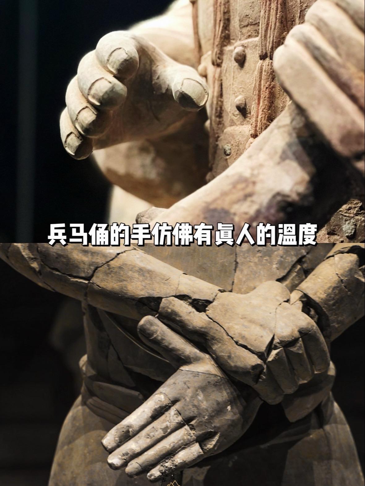 兵马俑的手仿佛有真人的温度。清晰可见的指关节、掌纹、若隐若现突起的血管...