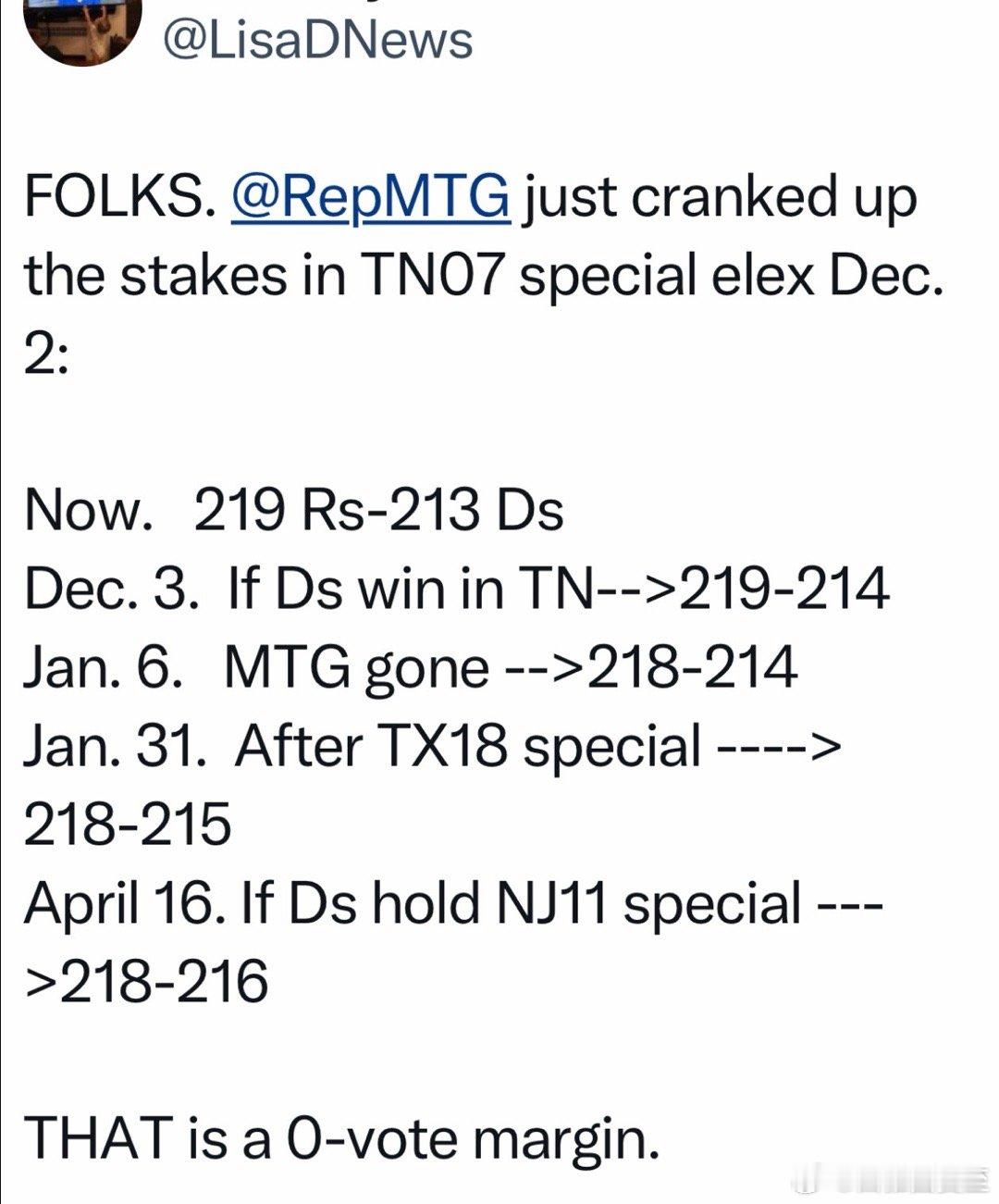 Greene辞职，对国会的影响：目前，众院219共和党-213民主党下月TN选举