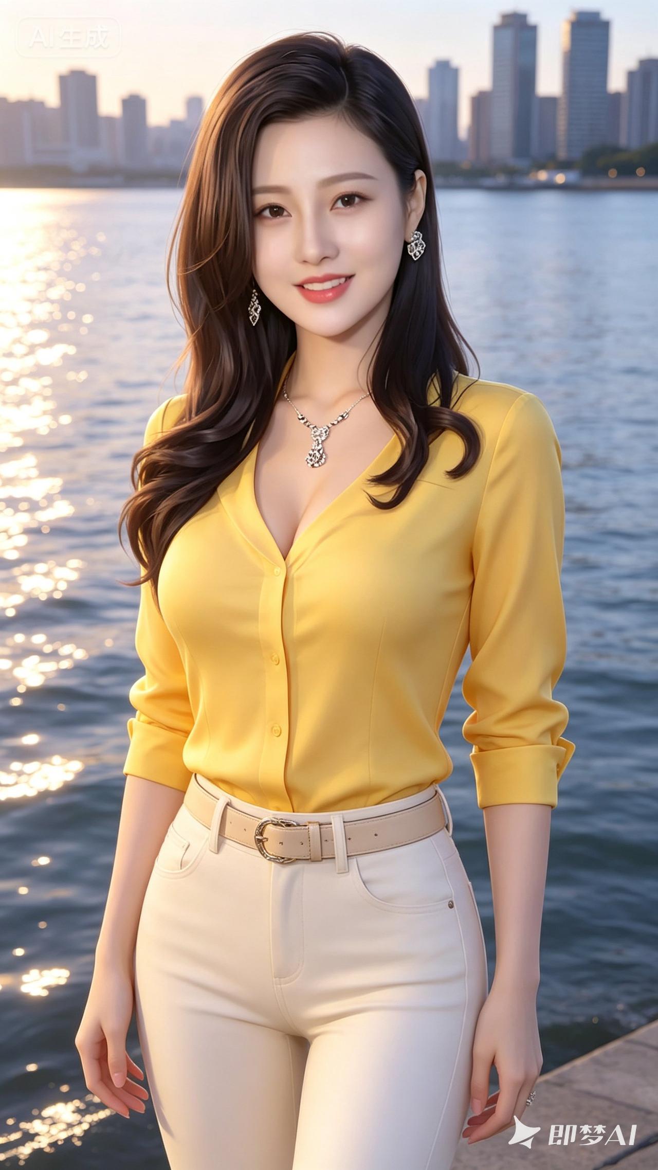穿黄色衬衫的女孩在海边微笑。