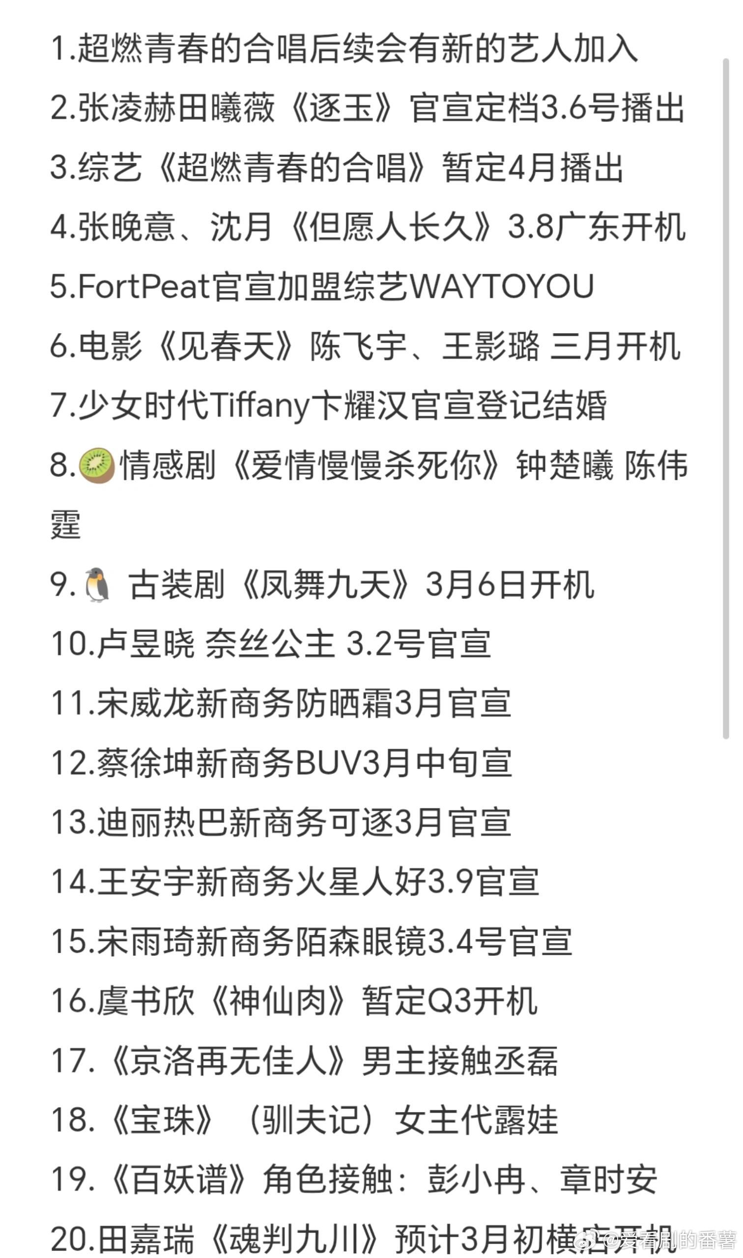 2.28圈内小🍉1.超燃青春的合唱后续会有新的艺人加入2.张凌赫田曦薇《逐玉》
