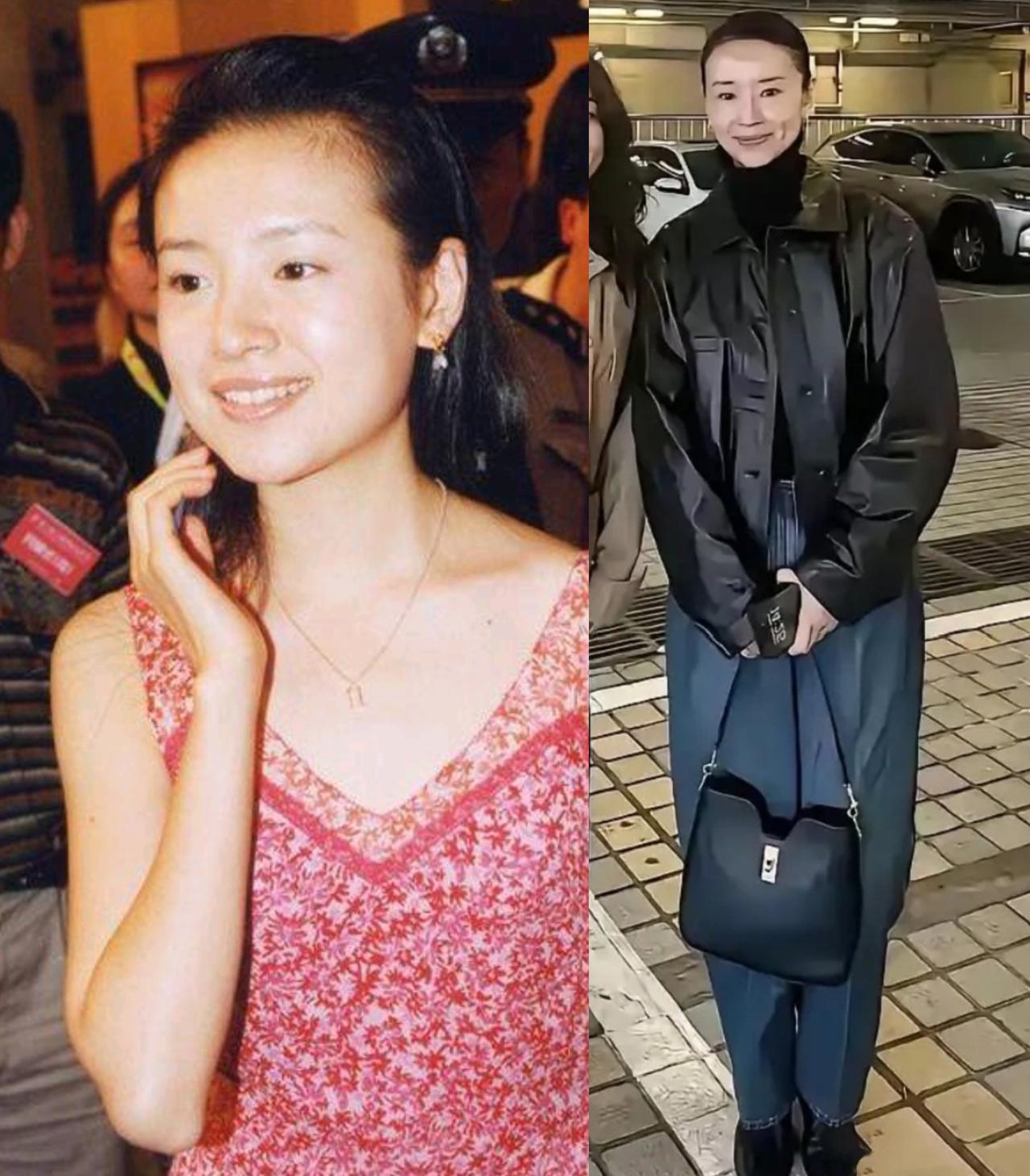 董洁年轻的时候，穿衣风格偏爱艳丽色彩，走的是甜美淑女路线，温柔又亮眼。可随着年纪