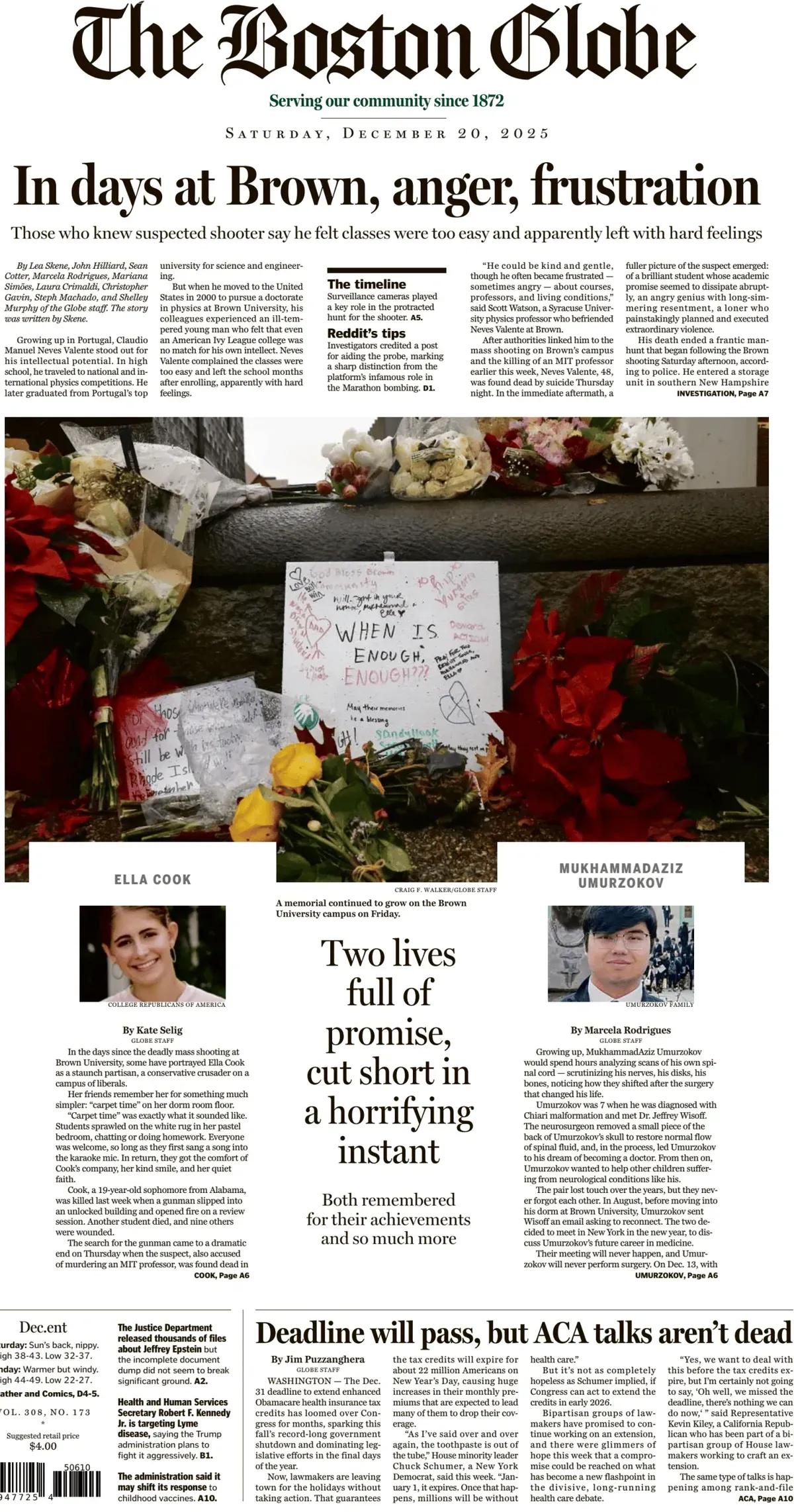 美国名校的安全状况令人担忧。《波士顿环球报》头版报道称，2025年12月13日