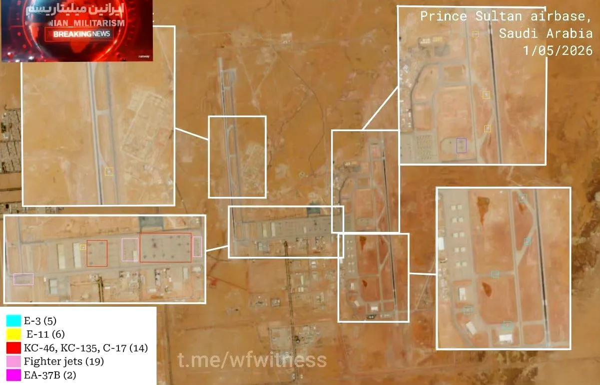 沙特阿拉伯苏丹王子空军基地的最新卫星图像显示，美军在该基地仍然部署有大量飞机，包