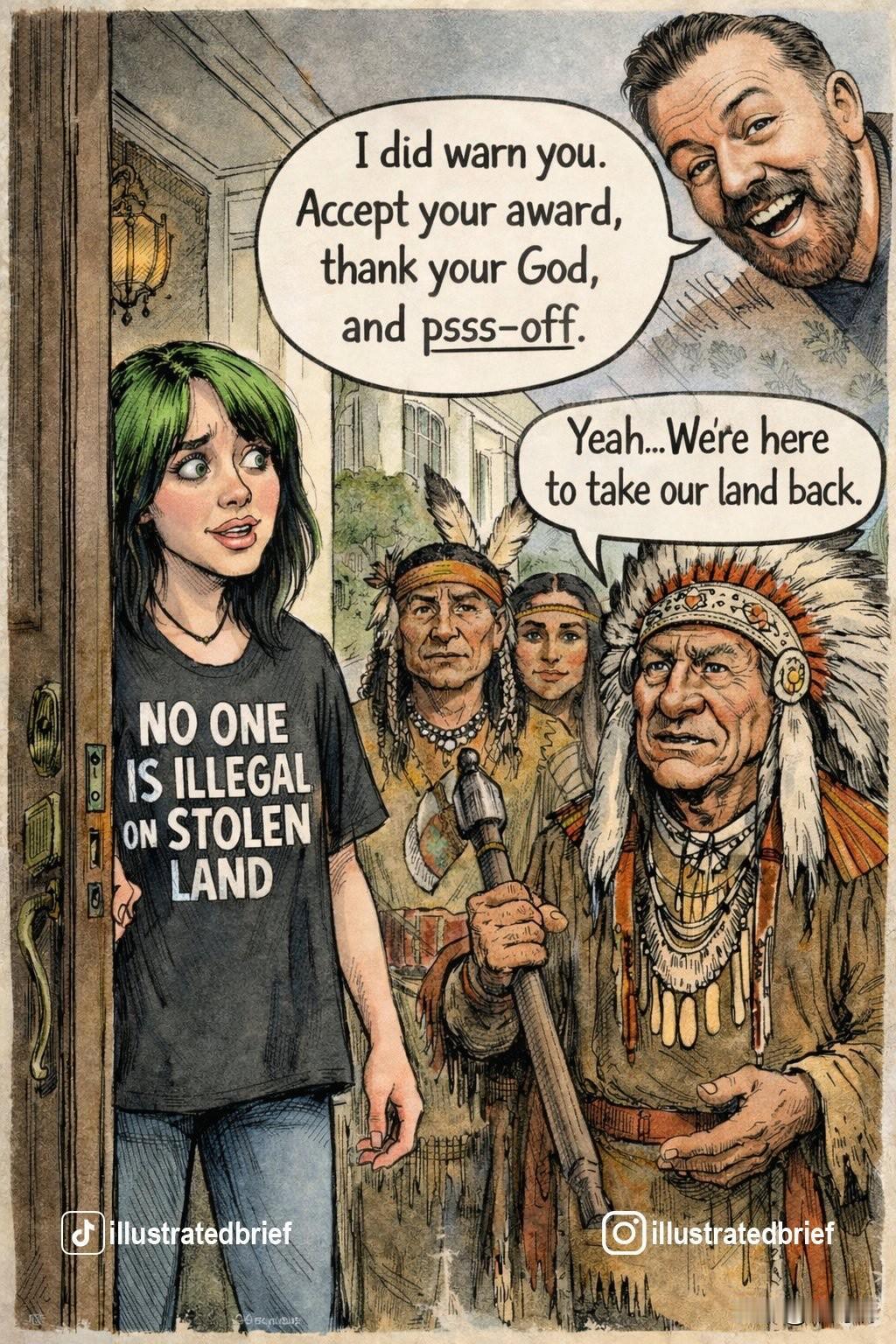 这幅政治漫画由illustratedbrief创作。漫画讽刺了西方名人（特别