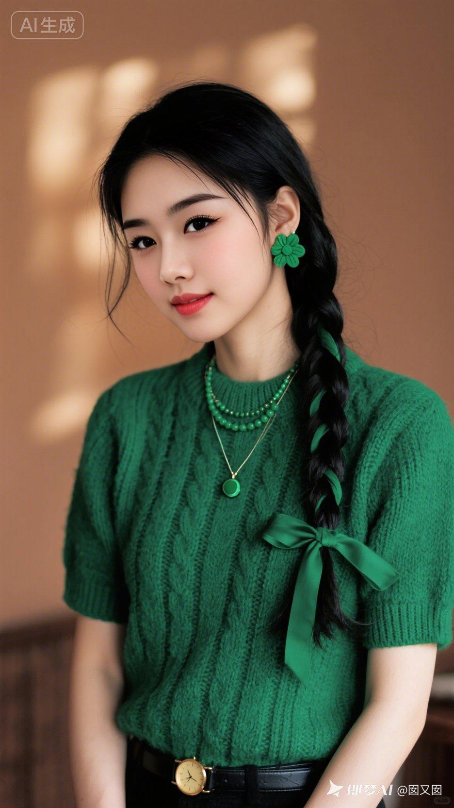 清新绿意，自然优雅，绿衣少女，清新自然