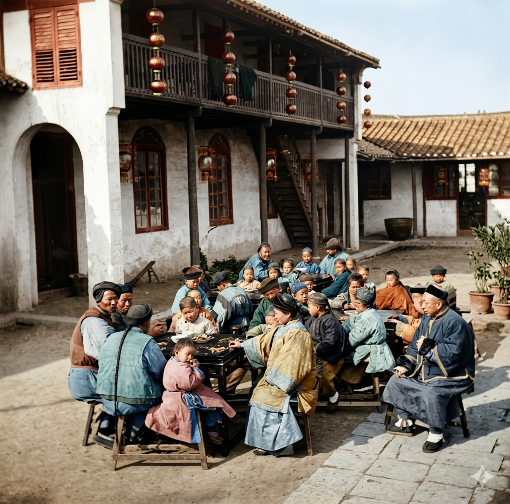 晚清，北京教会学校茶点时间，一群人围坐在庭院的方桌旁，正在享用茶点。桌上摆放着花