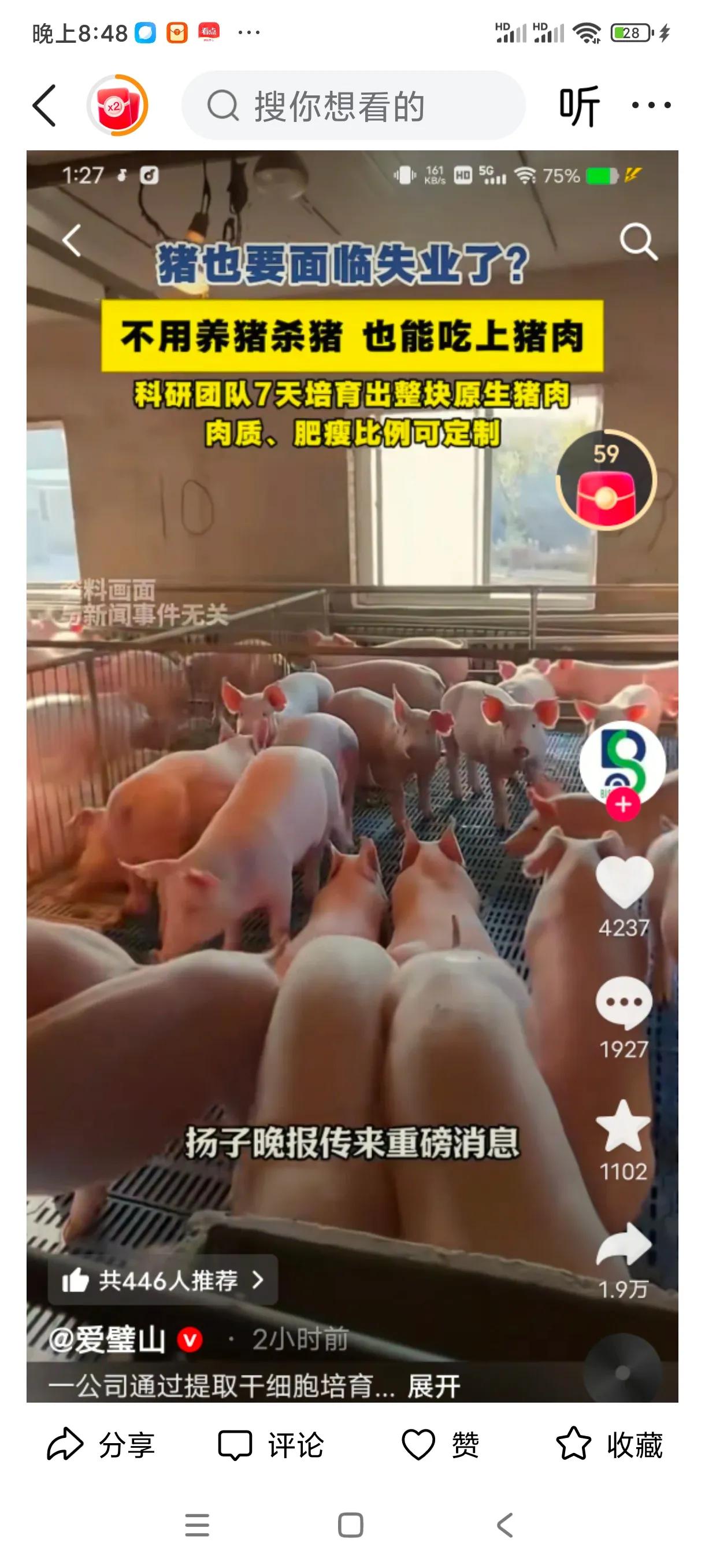 未来还需要养殖业吗？扬子晚报报道，某科研团队培养出干细胞猪肉。网友戏称，连猪