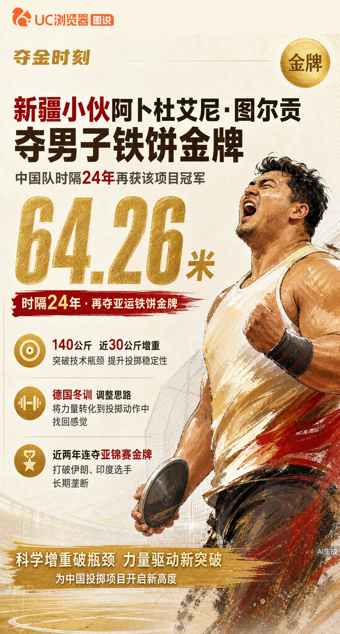 64米26！阿卜杜艾尼·图尔贡夺亚运男子铁饼金牌，中国队时隔24年重登该项目巅峰。为突破瓶颈他主动增