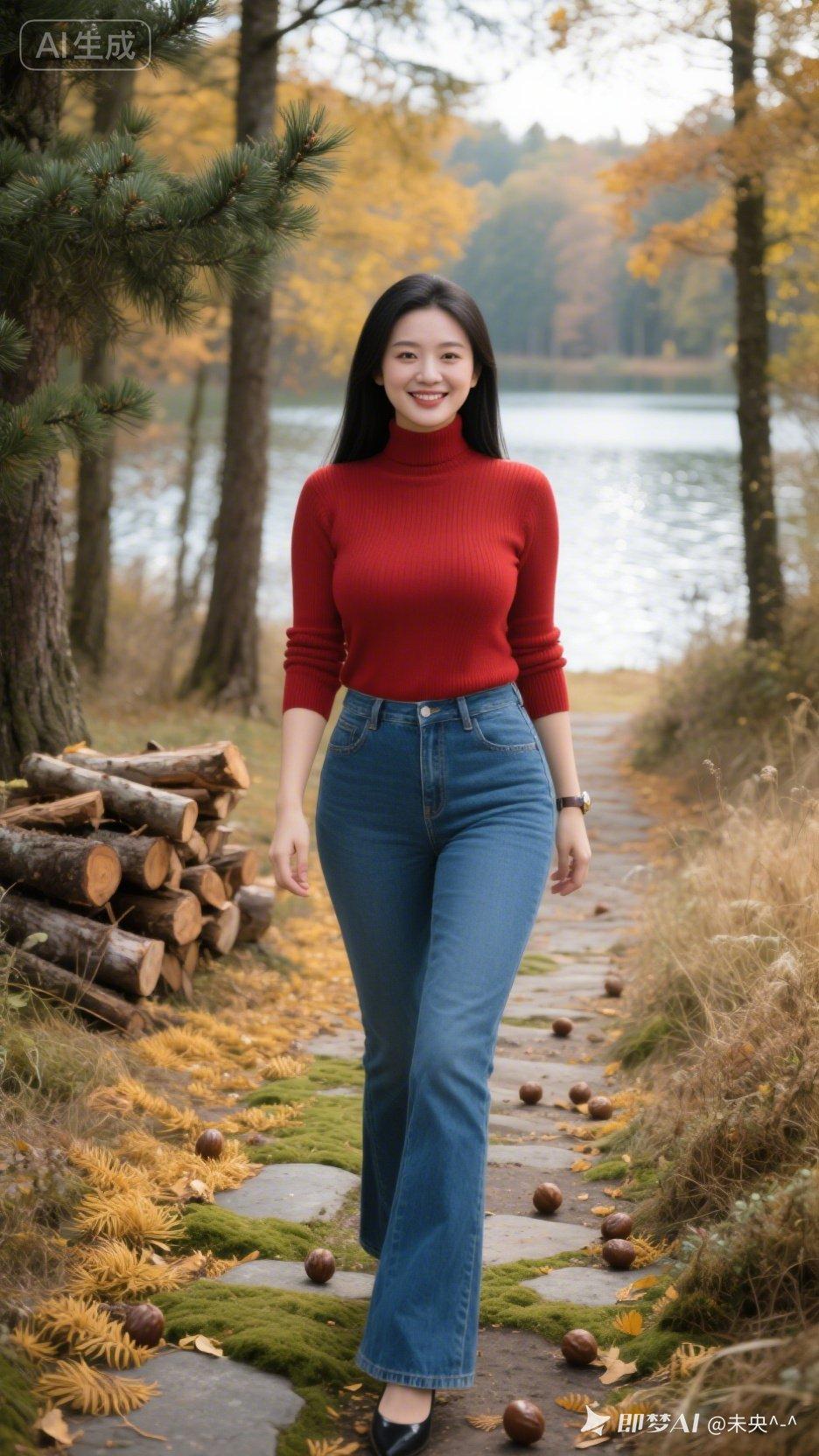 秋日漫步，红衣少女与自然相映成趣！