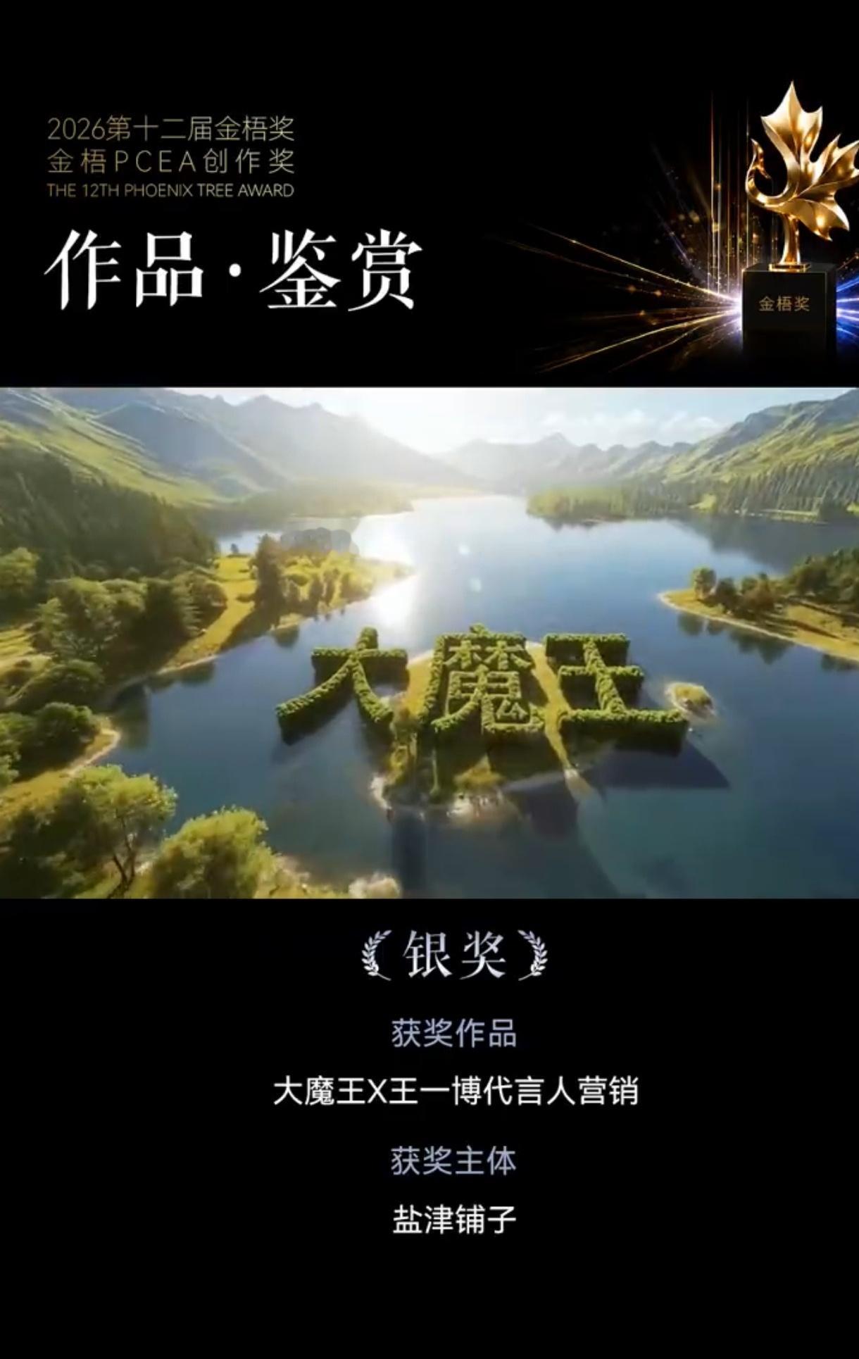 王一博的广告又获奖了！[笑着哭]大魔王X王一博代言人营销获得2026第十二届金梧奖