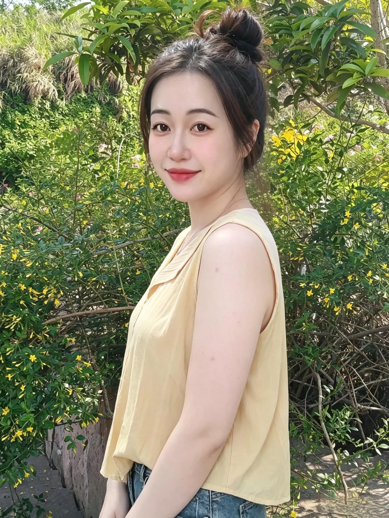 侧立苔阶日影长，鬓云松挽对幽芳。回眸一笑惊鸿起，半入诗行半入香。