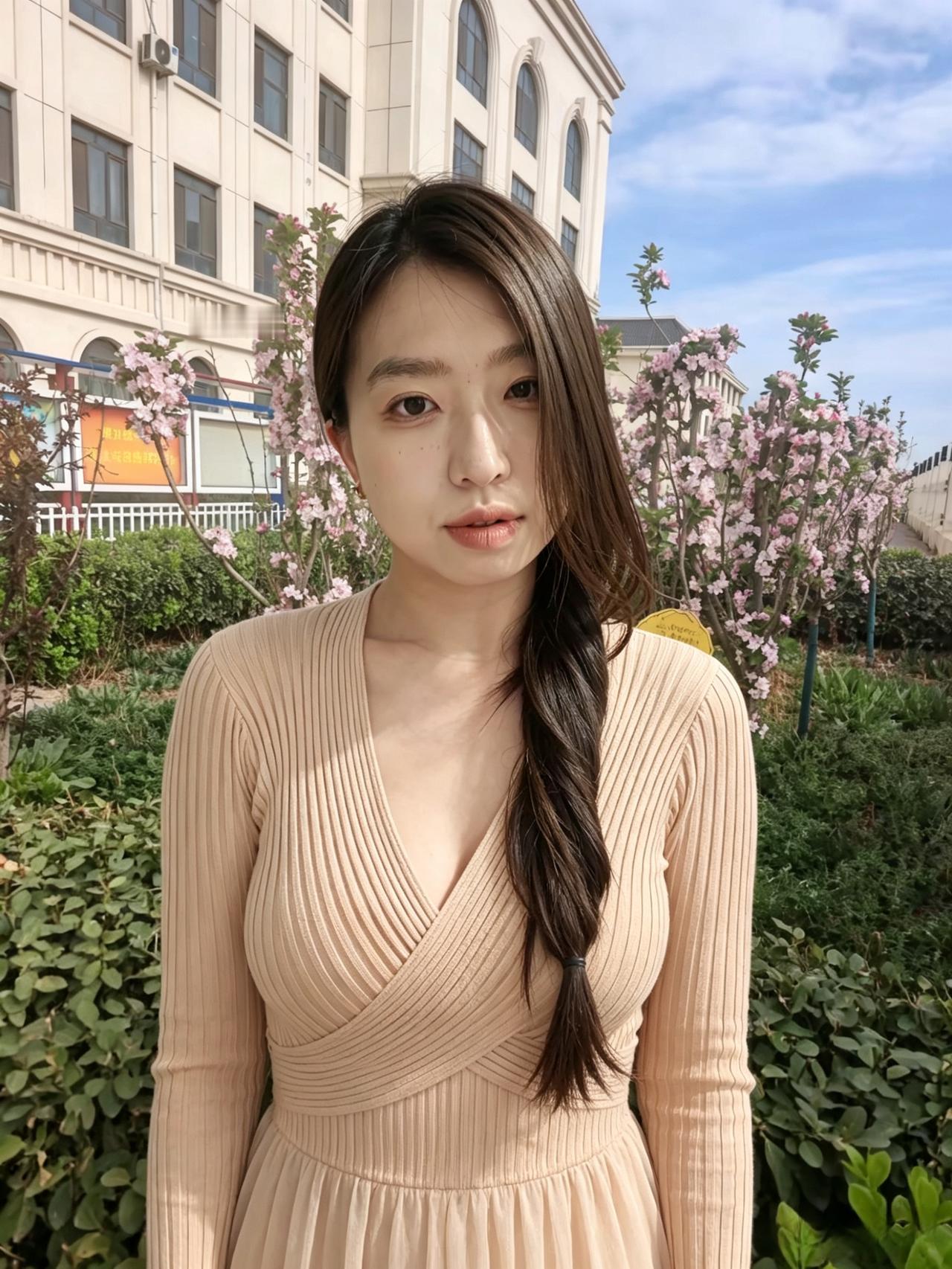 浅杏横披映玉容，繁花立处意从容。眉如远岫含烟翠，唇似春桃带露红。