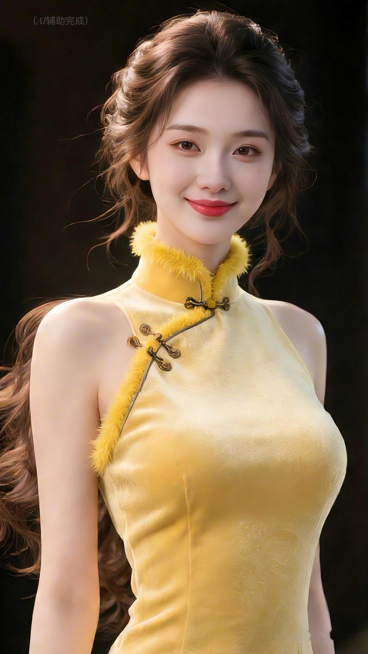 九帧同绘明黄温婉仙。盘发编发碎发扬，发丝柔亮泛光泽。明黄旗袍领口毛绒俏，盘扣古朴