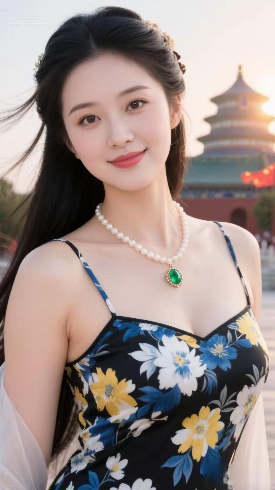 夏日清新穿搭，珍珠项链点缀，古典建筑背景，甜美笑容