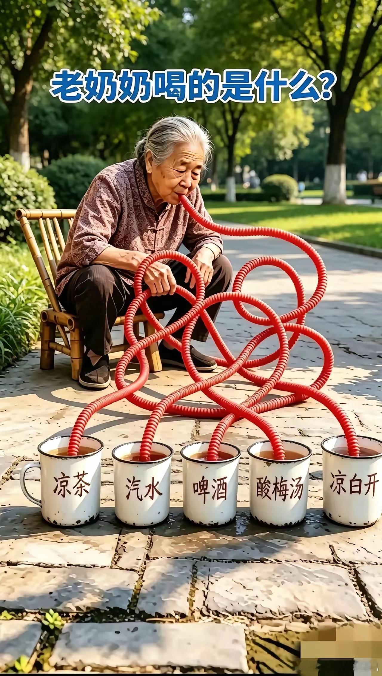 考考你的眼力，看看老奶奶到底喝的是什么，看谁能猜对？