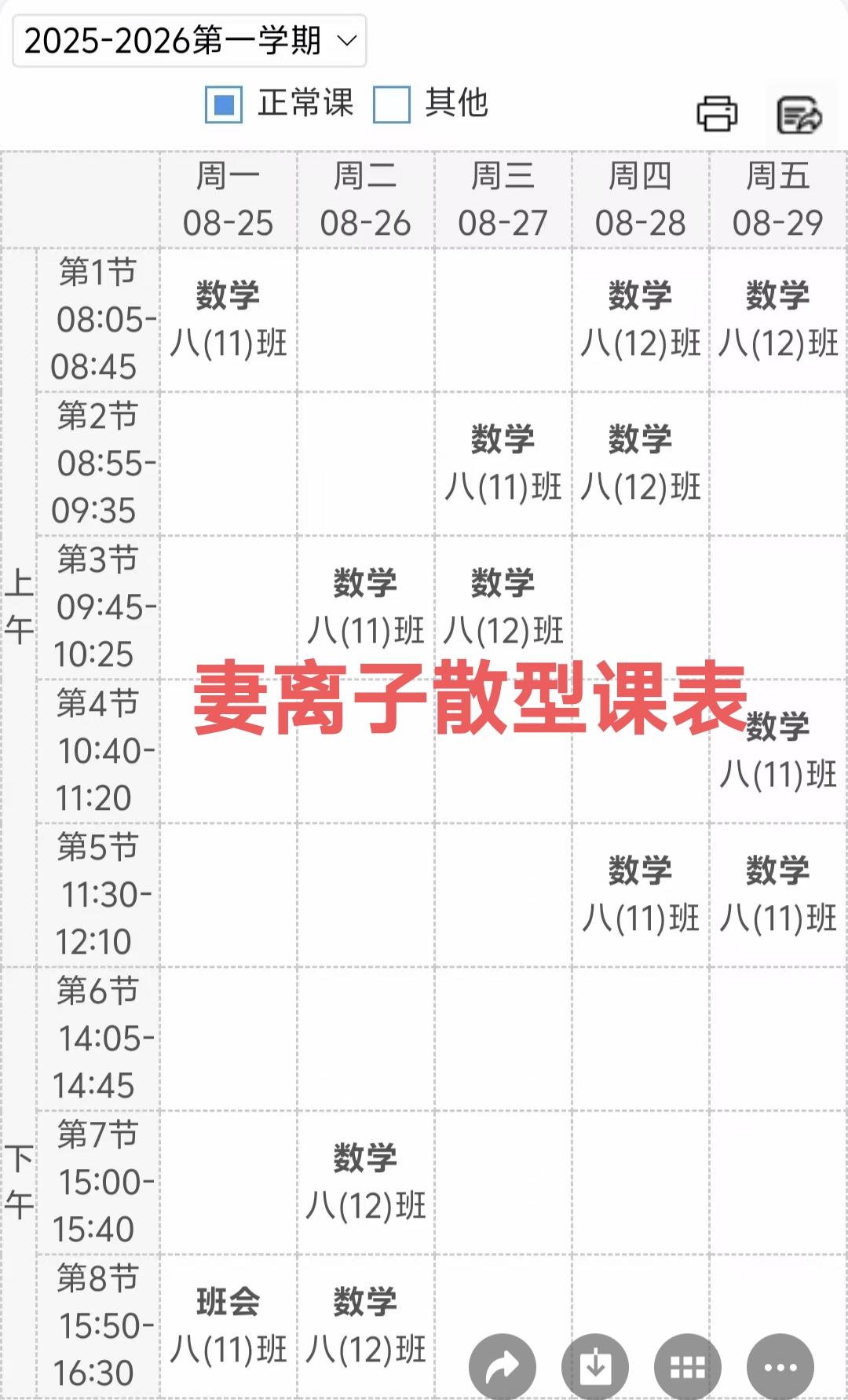 “妻离子散”型课表，教了这么多年书，这样奇葩的课表的确很少见。这据说是外包给公司