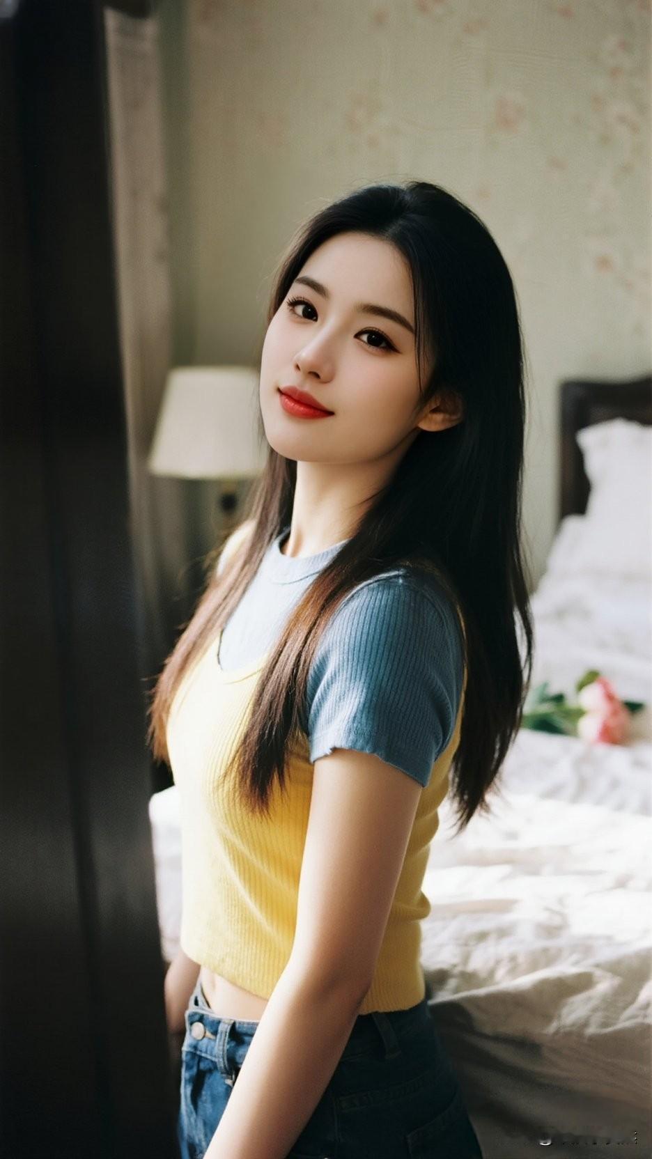 元气少女卧室自拍，温柔笑容，清新自然甜系自拍写真