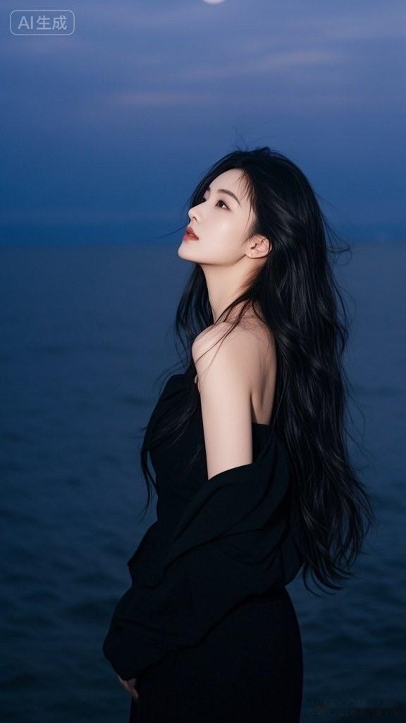 这姑娘在海边看星星呢。