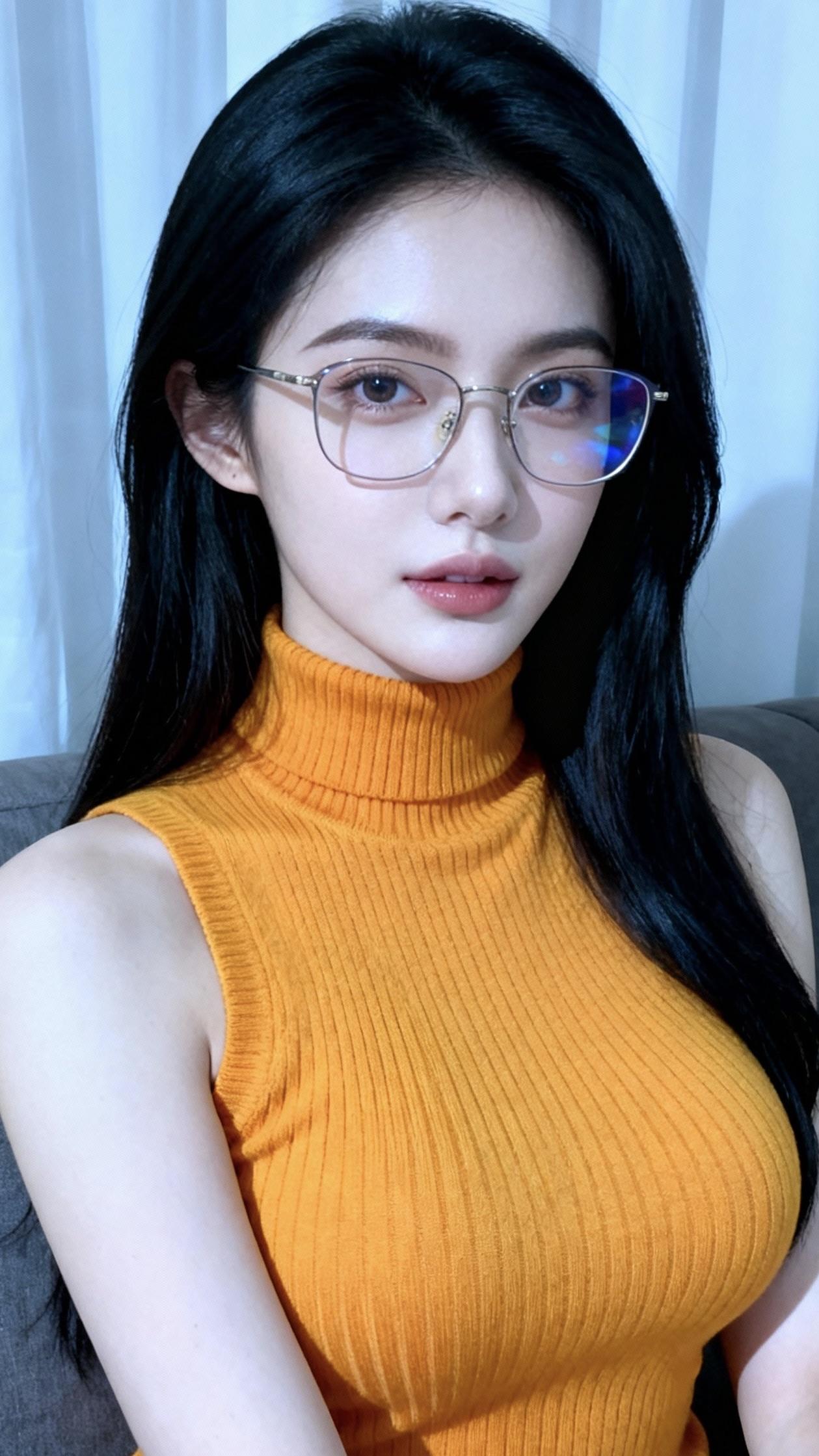 “气质就是迷人”，你认可吗优雅黑发+复古眼镜，橙色高领毛衣，时尚又迷人！