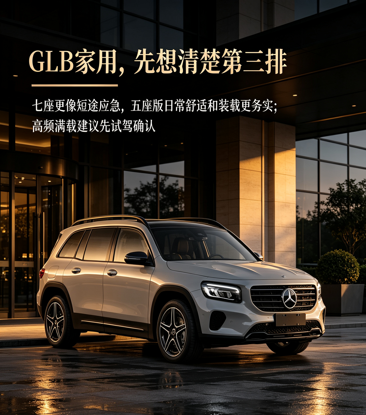 奔驰GLB是紧凑型SUV，主打家用，有五座和七座可选。七座的第三排只能临时应急坐人，不适合长途。品牌