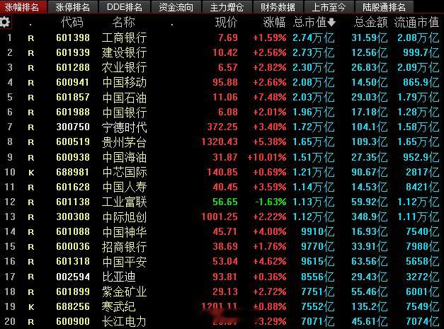 gjd买的估计是这些大个子吧，市值前20的个股，就一家跌的……