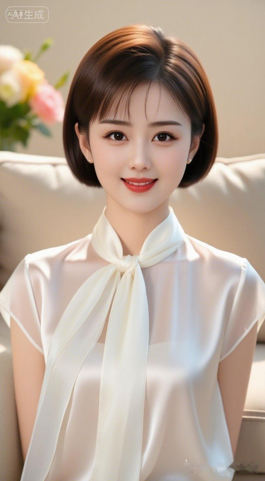 温婉佳人利落短发展清爽，白缎衣裳自带芒。领上飘带增柔意，眼底含情暖寸肠。静