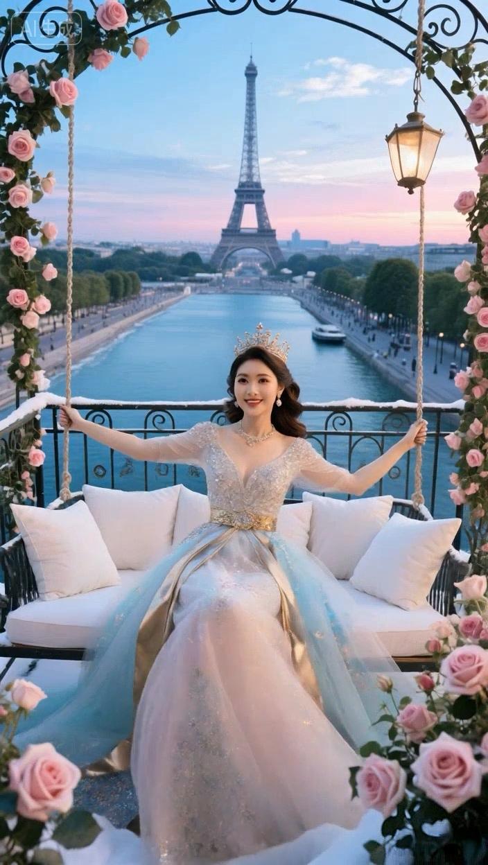 七绝●海阔天空/古韵平台屋顶荡秋千，酒店豪房近海边。粉艳玫瑰添浪漫，