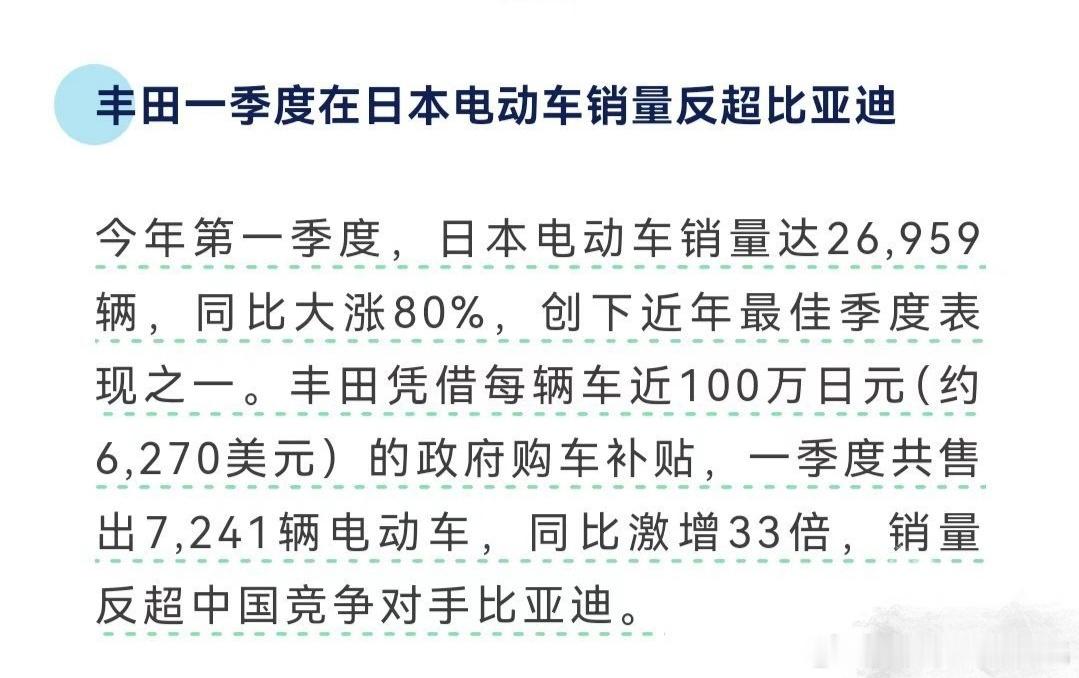 在推特上刷到一位日本汽车博主很骄傲地宣称丰田电动车销量反超比亚迪，我特意查了下具