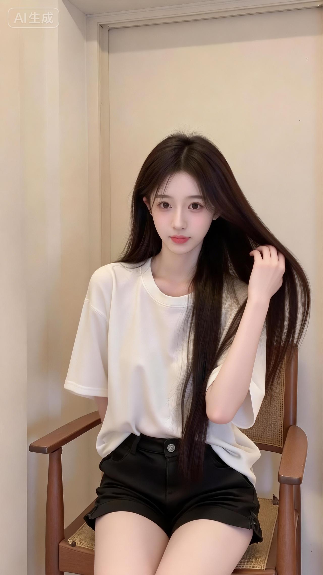暖光灯裹着软室，白T搭黑短裤，长发垂落时，连屋里的静都浸了松弛的甜。宅家舒适感