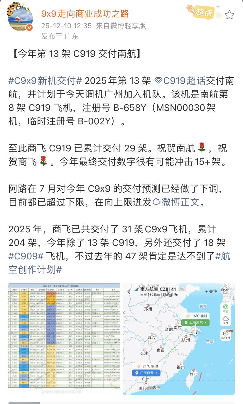 中国商飞C919的交付数量已经超过了去年！今年第13架C919交付南航！