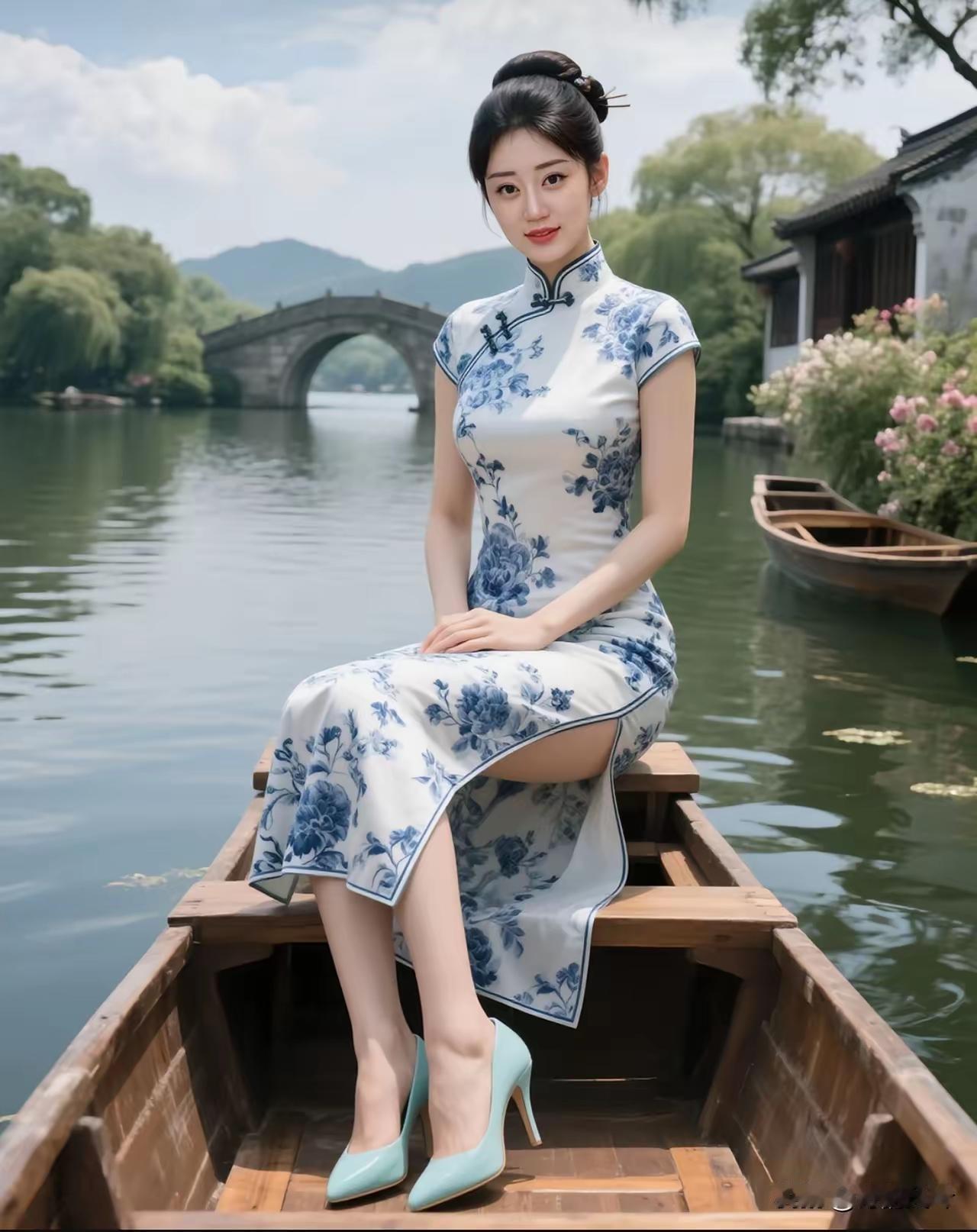 天净沙·烟雨江南烟岚雨雾江南，扁舟轻过石桥，蓝袂佳人静立。素颜韵逸，画