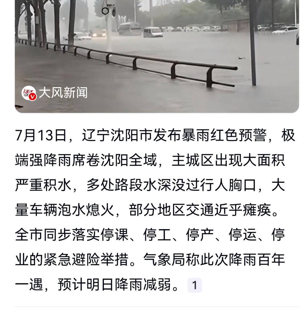 沈阳百年一遇暴雨这雨下的太不寻常了。7月13日有个热搜，沈阳下百年一遇暴雨。想不