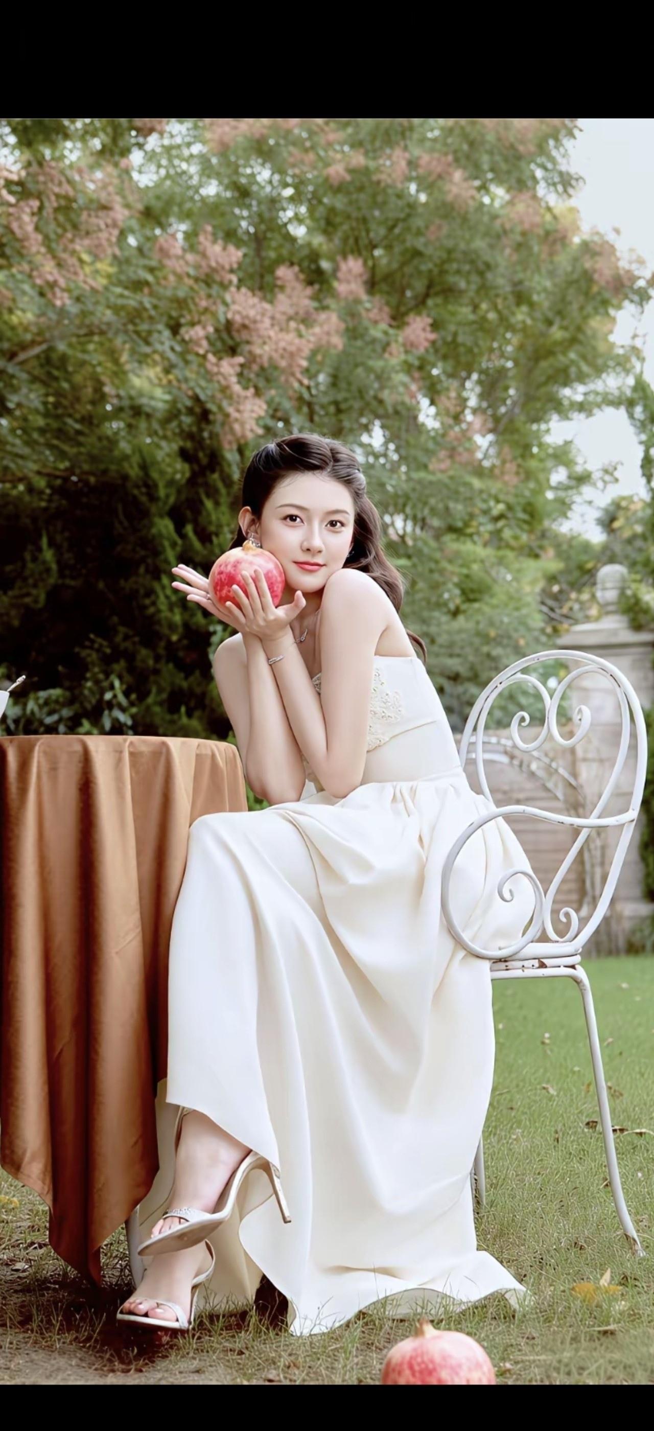 一个美女坐在椅子上，抱着一个石榴