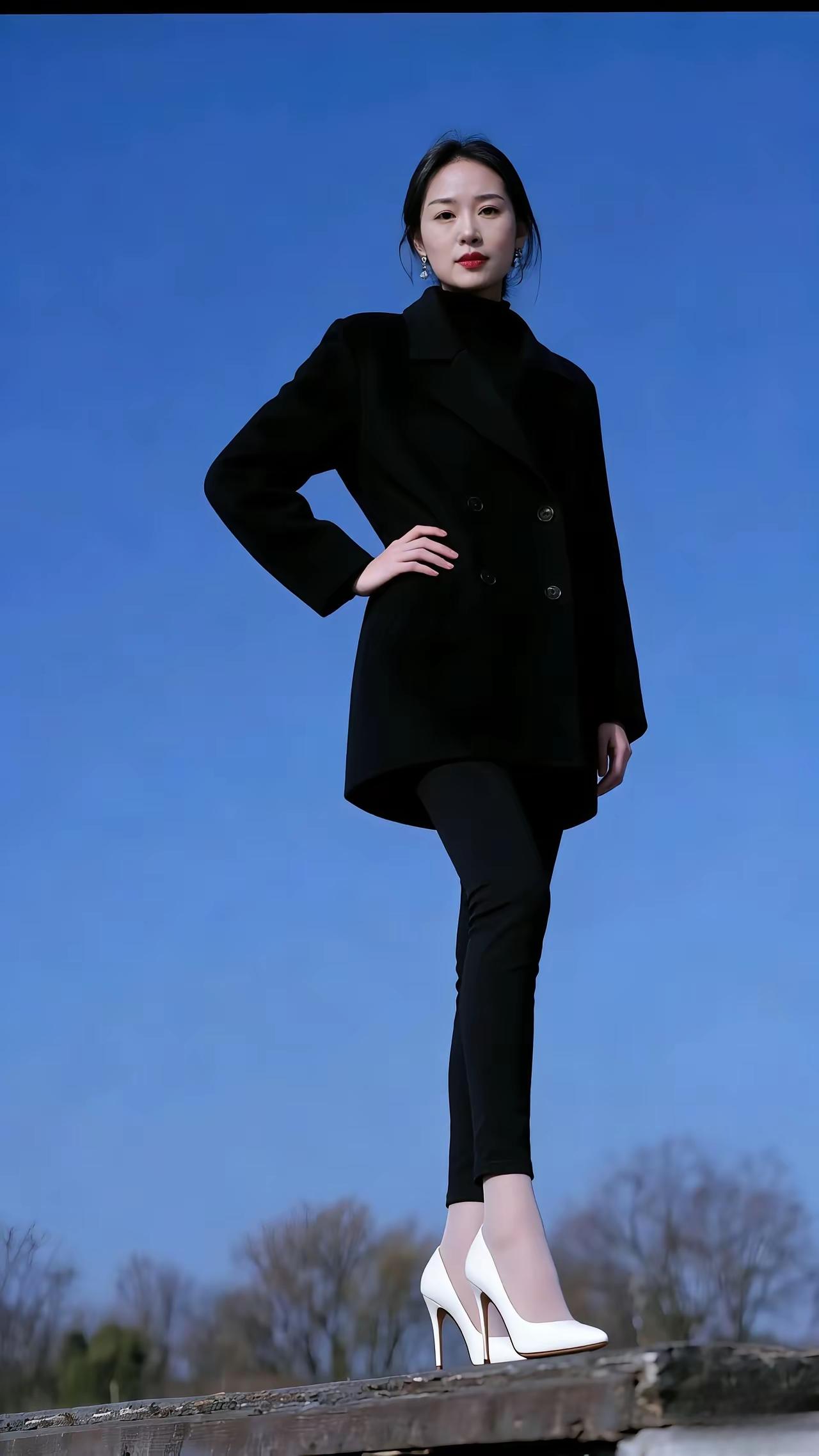 优雅黑衣女郎，高跟鞋下的自信步伐。