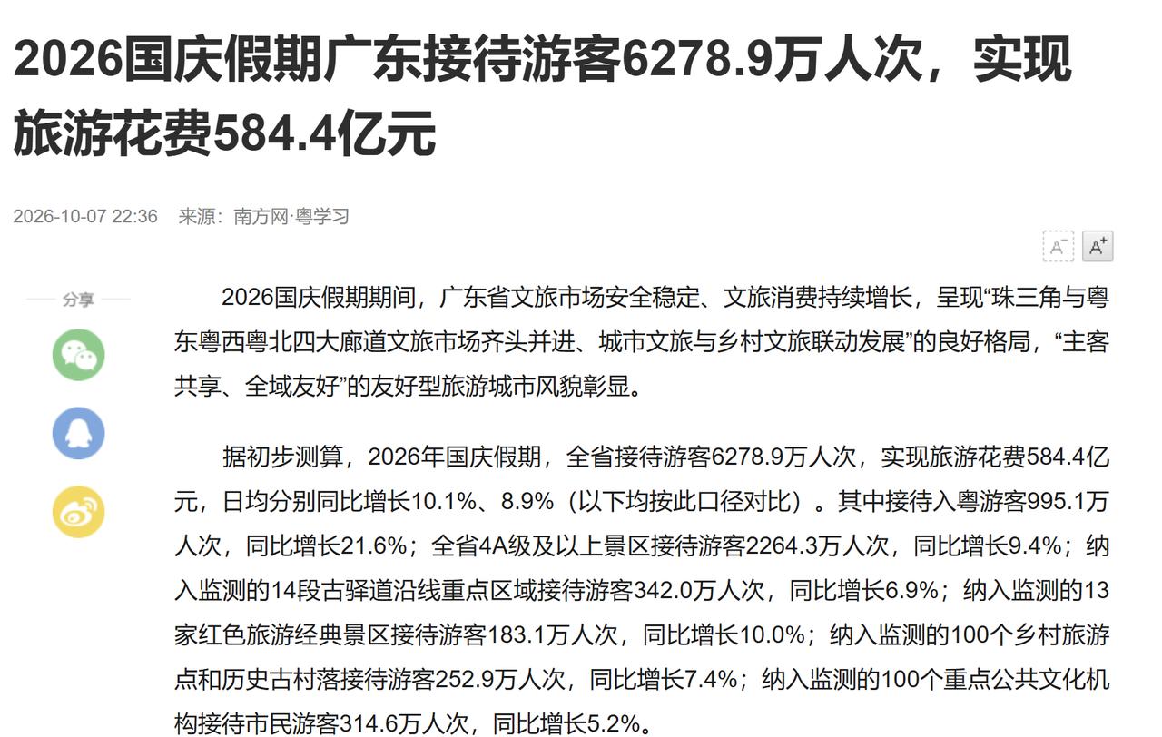全国的十一旅游消费统计还没有出炉，但是广东、江苏两个大省的统计已经出来了。让A