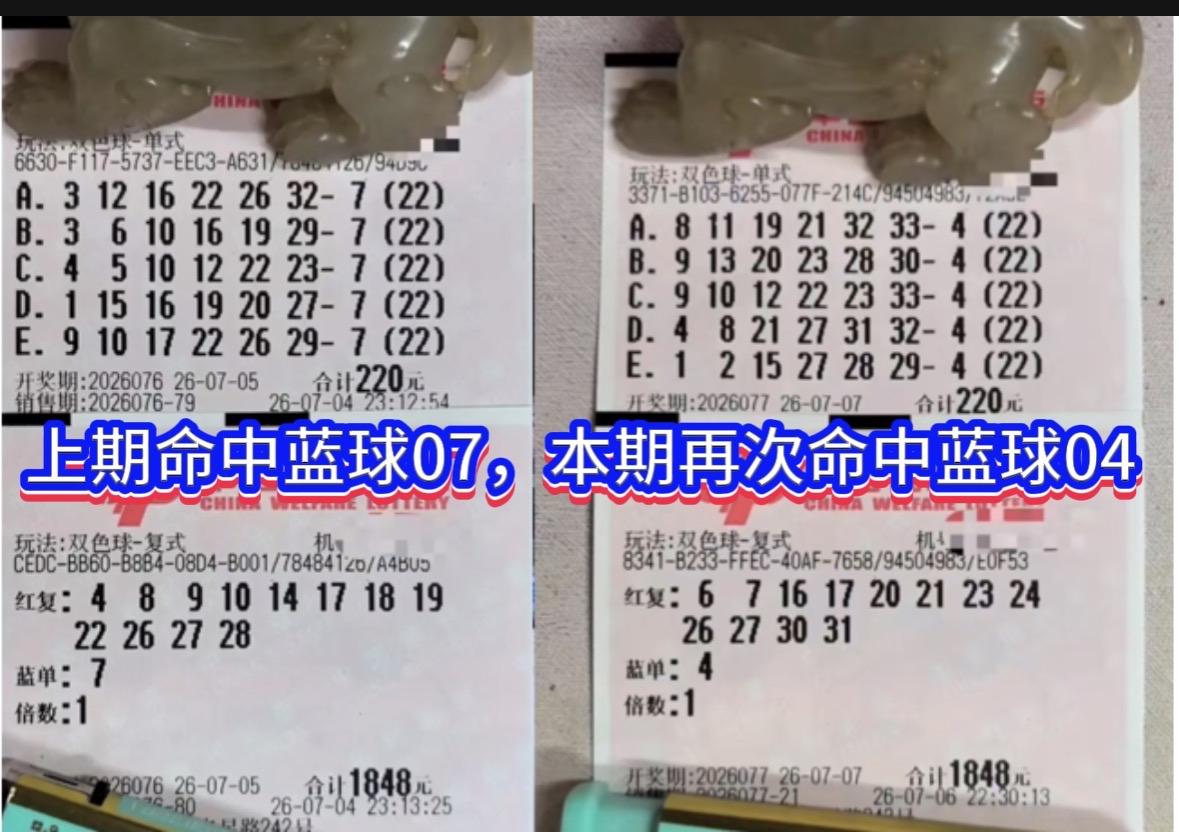 上期命中蓝球07，本期再次命中蓝球04，有点水平啊！可惜本期红球差点意思，复式1
