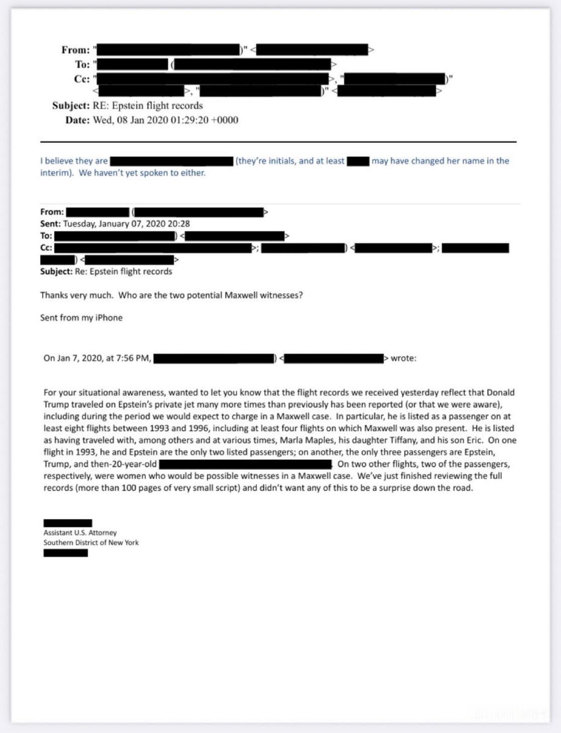 在2020年1月7日纽约南区助理检察官发给一位身份不明人士（很可能是司法部人员）