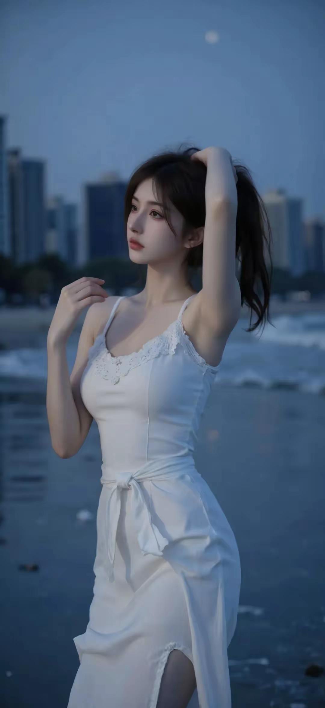 海边漫步，白色连衣裙，浪漫时光白色沙滩长裙度假白色连衣裙