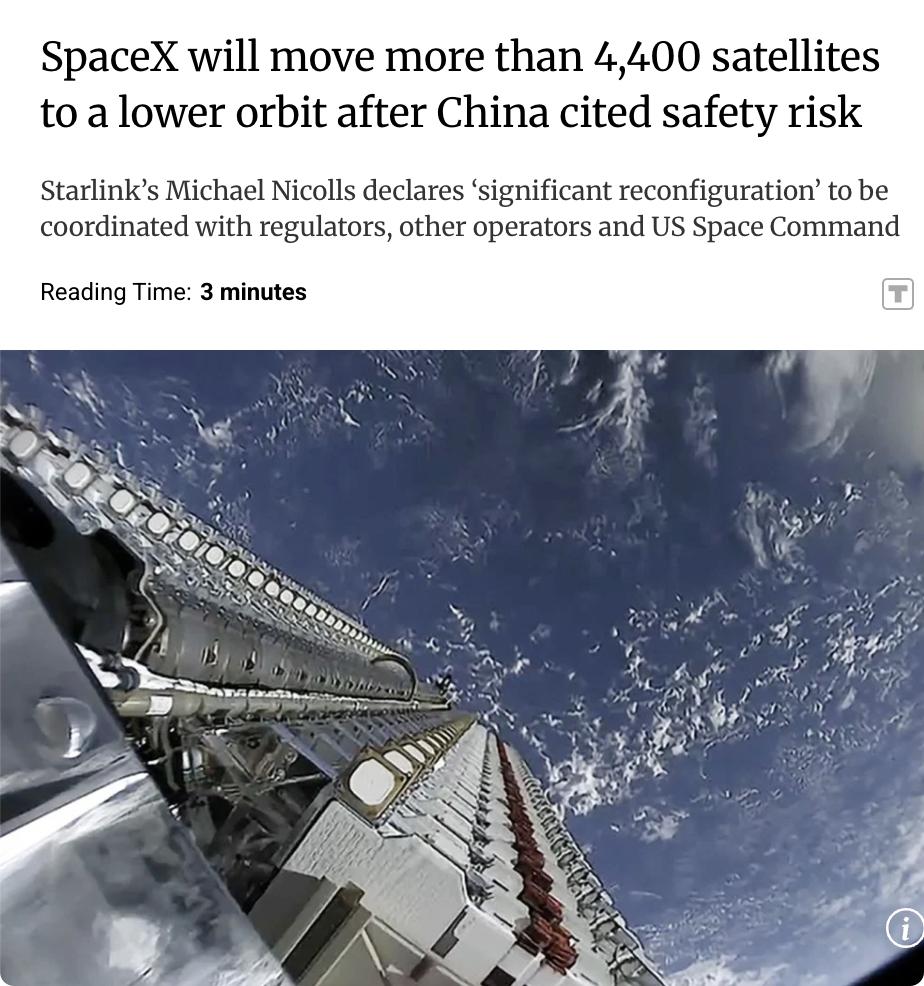 外媒：SpaceX宣布将在2026年把4400多颗星链卫星轨道降低，从约550公