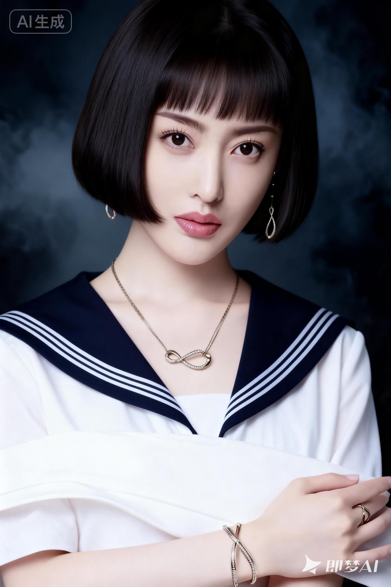 甜美校园风少女，黑发齐刘海，穿着水手服，气质优雅。