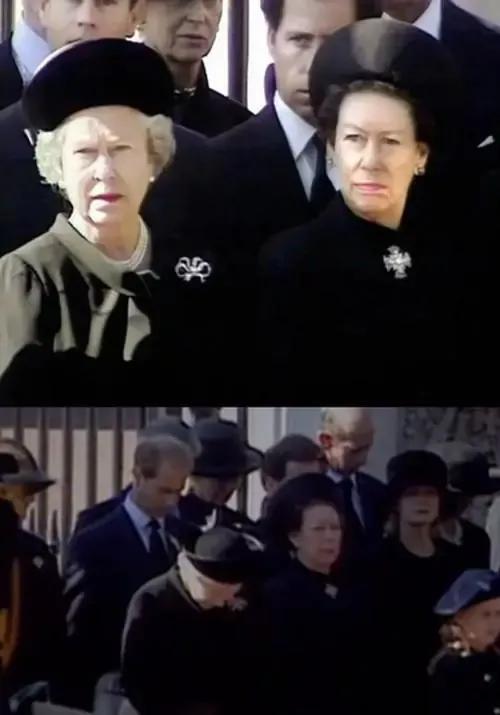 1997年戴安娜葬礼，当灵柩经过时，所有人，包括女王都低头鞠躬致哀。唯有女王妹