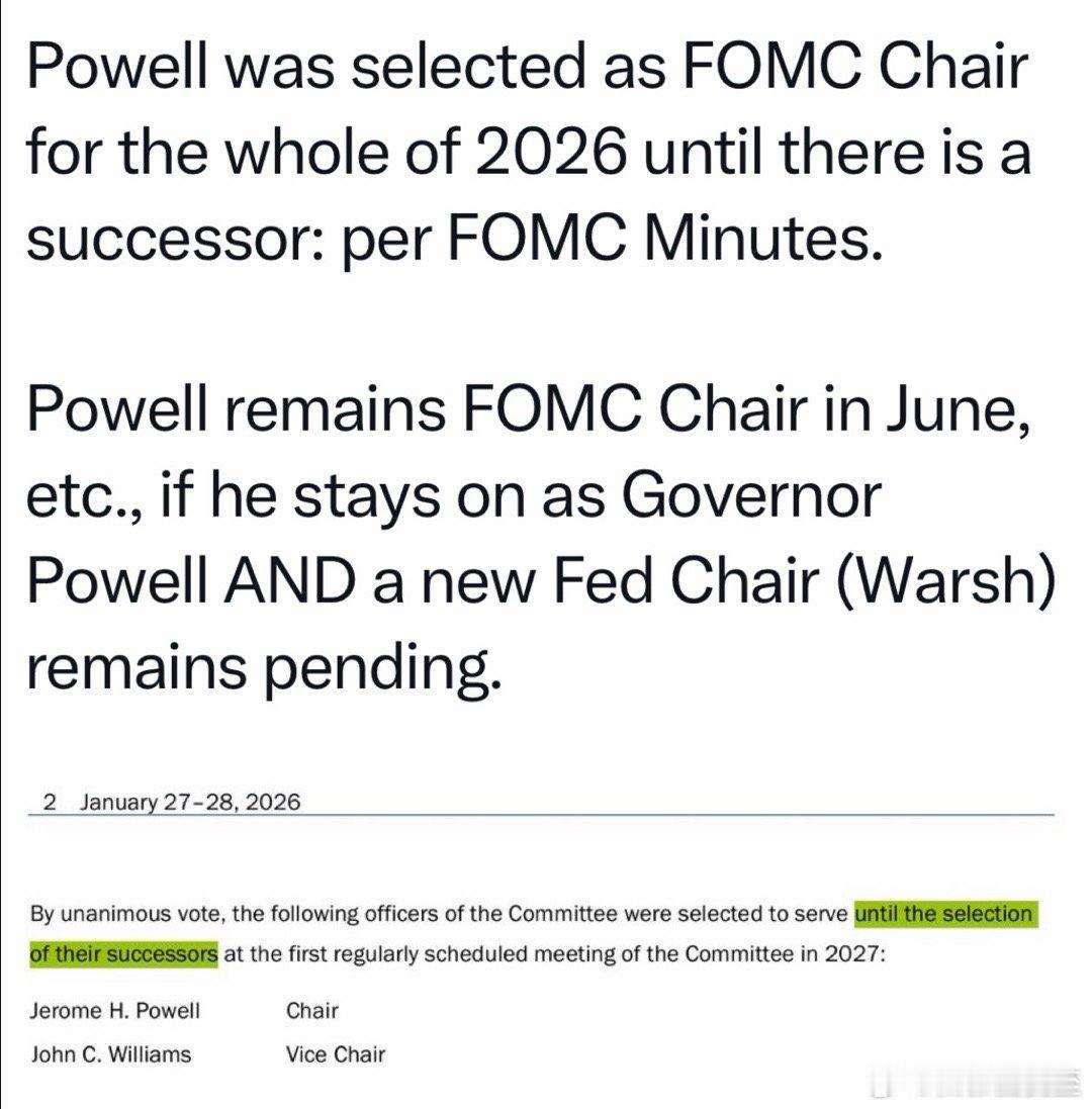 美联储公开市场委员会投票决定：虽然Powell作为主席的任命，五月到期，但如果届
