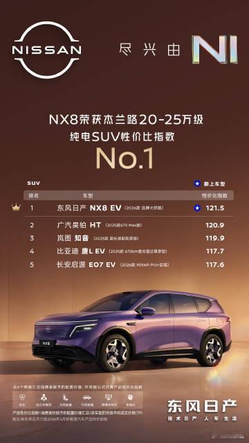 日产NX8获杰兰路同级性价比第一东风日产NX8斩获杰兰路20-25万级纯电SUV