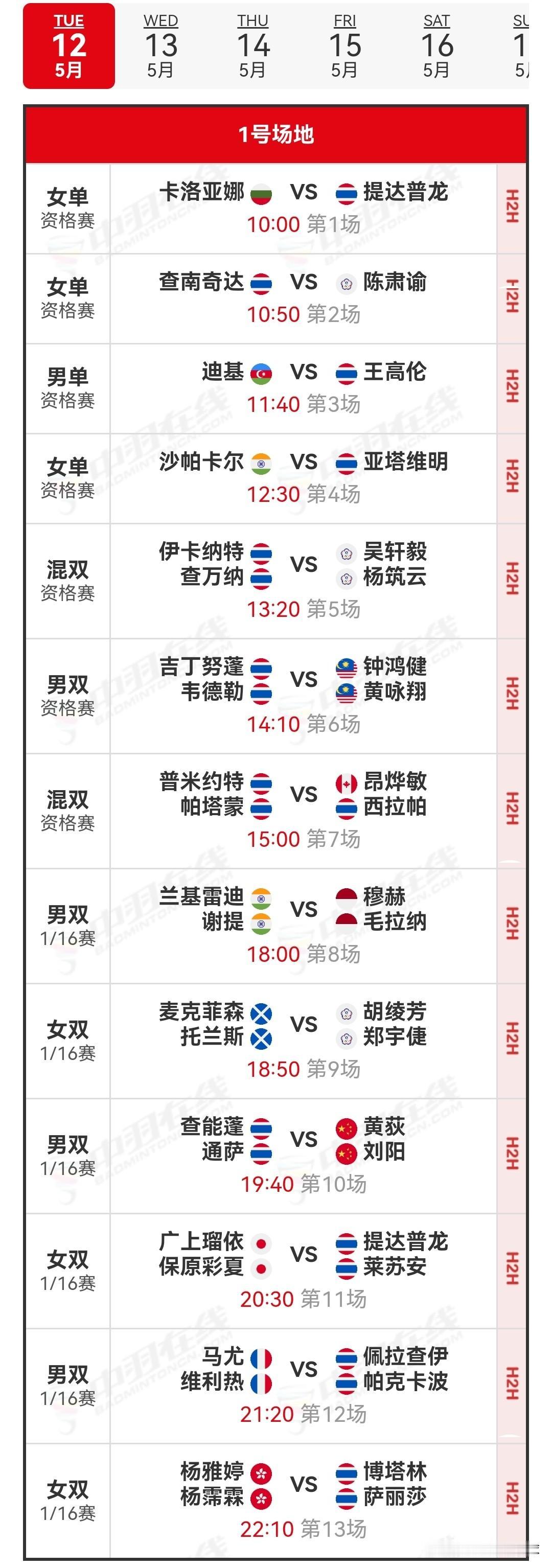 5月12日2026泰国羽毛球公开赛首日赛程安排今日，2026年泰国羽毛球公开