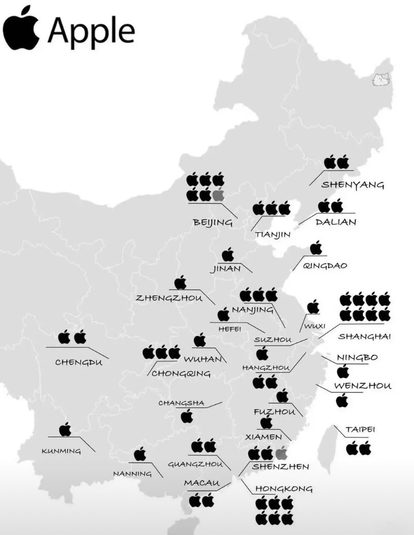苹果有自己的胡焕庸线——全国苹果直营所在城市
