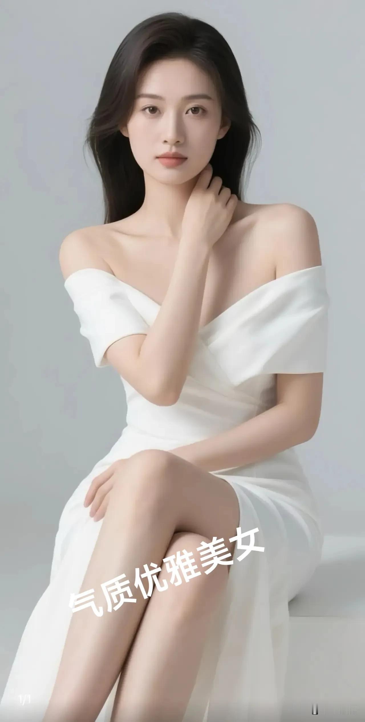 女人最美是气质还是最美的是善良?白裙落肩裹着清浅的柔，指尖轻抵颈线的弧度，连光