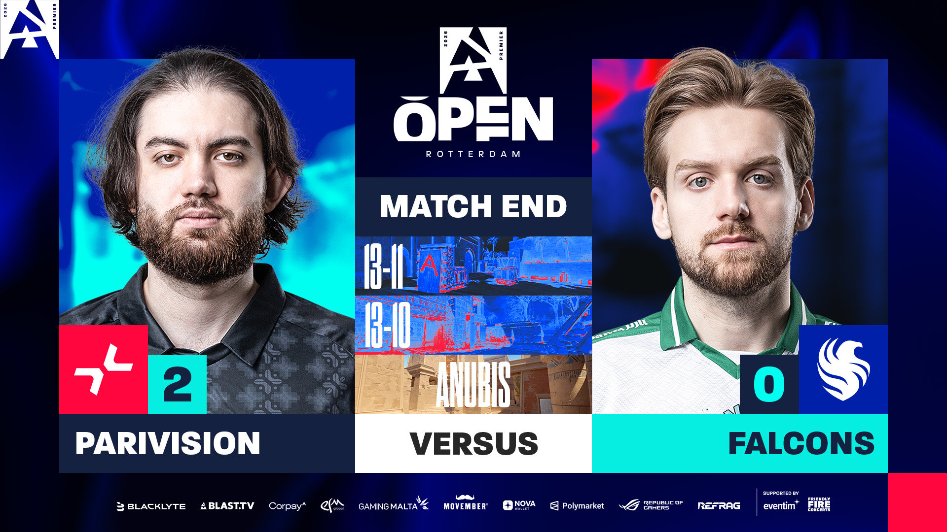 在BLAST鹿特丹公开赛2026中，Falcons再次不敌PARIVISION，