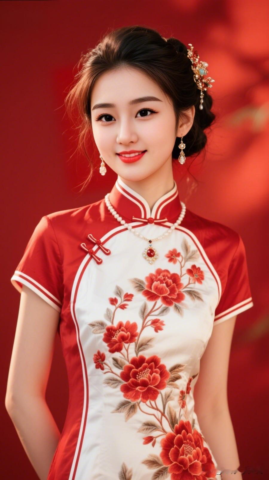 红衣美人笑，花枝满衣香。清雅脱俗的美到底长啥样？优雅旗袍，绽放东方魅力！🌸✨