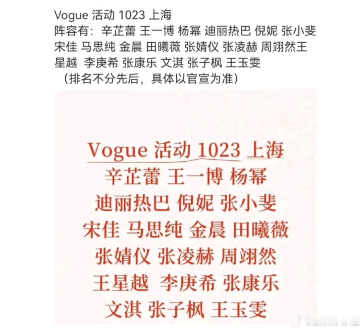 VOGUE盛典官宣名单了看来之前的网传名单也不太准哇，都从陈哲远官宣到龚俊了，没