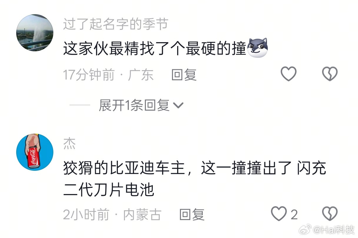 我真的要被笑死🤣现在刷短视频，但凡看到比亚迪撞车事故的，下面就会跟这样一堆评论